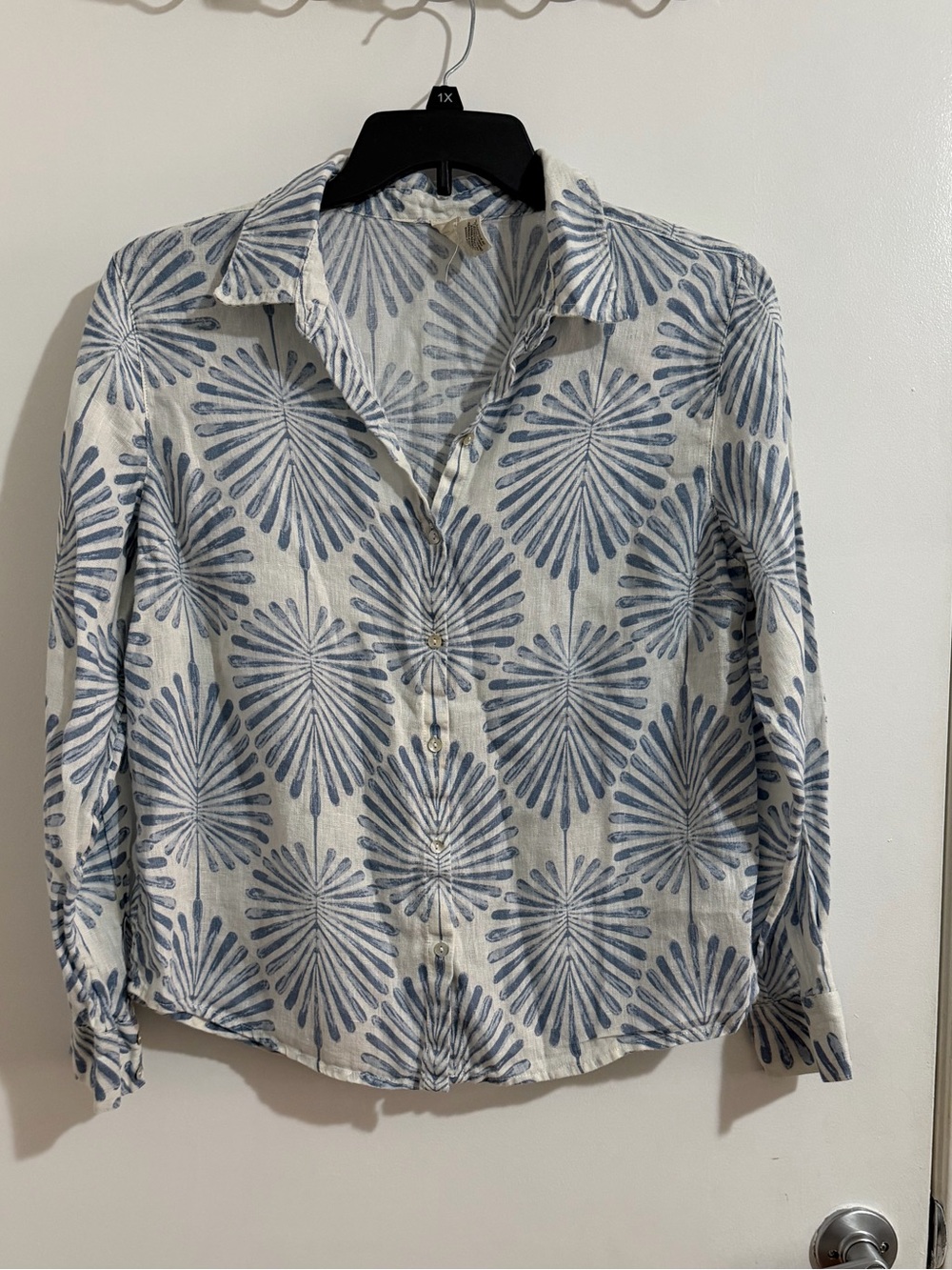 Joie 100% Linen Blue White Printed Button Down Shirt Size L